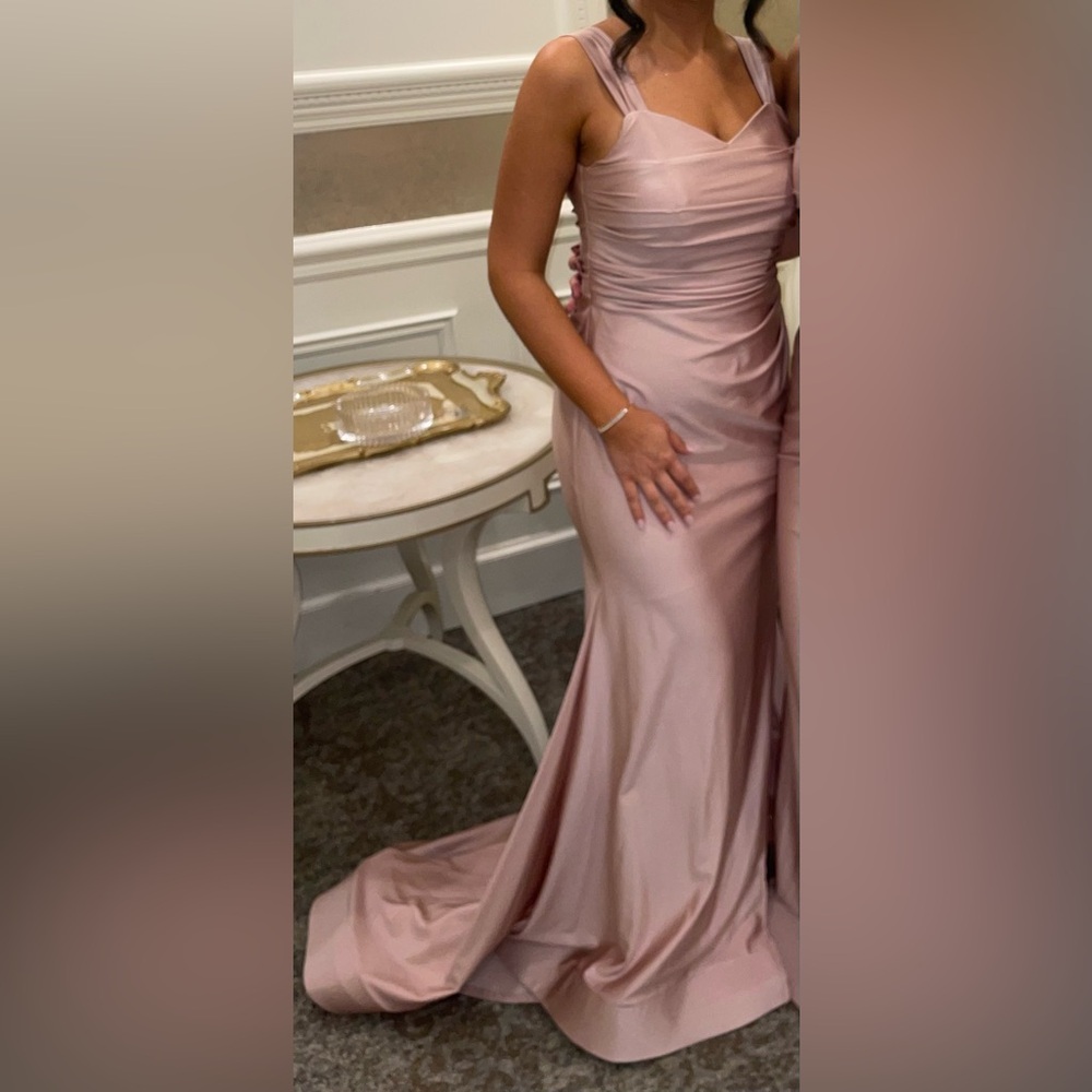 Beautiful light pink gown with ruched bodice that sits perfectly on anyone.